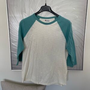 Champion baseball t shirt 3/4 sleeve teal & off white Mens LARGE NWOT Mint Cond